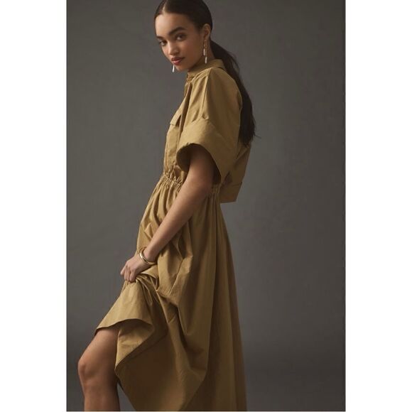 NEW Anthropologie Maeve Taupe Utility Gathered Maxi Shirt Dress Large Petite - Picture 6 of 10